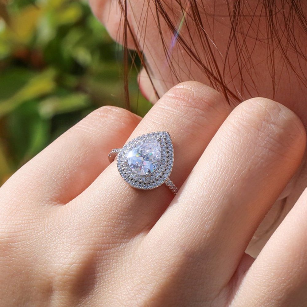 Wedding Large Pear Double Layer Water Drop Silver Ring for Women, VIP505 - Picture 3 of 10